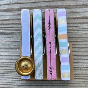 Hand decorated clothespin magnets antiqued hand painted with scrapbook paper